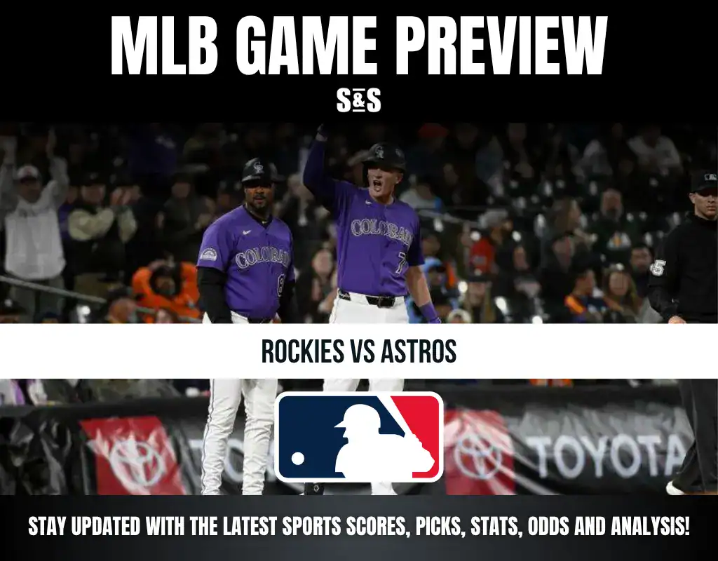 MLB game preview for Rockies vs Astros with players in purple Rockies uniforms celebrating on the field and MLB logo displayed.