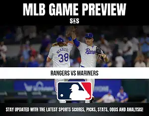 MLB game preview for Rangers vs Mariners, showing two Rangers players celebrating on the field, with the MLB logo and text details.