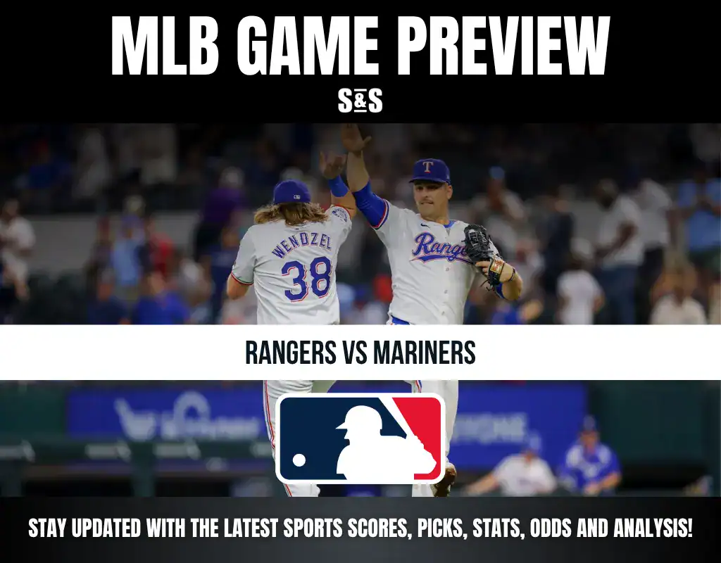 MLB game preview for Rangers vs Mariners, showing two Rangers players celebrating on the field, with the MLB logo and text details.