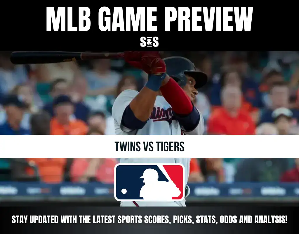 Alt text: MLB game preview for Twins vs Tigers with a baseball player swinging a bat in the background and MLB logo below.