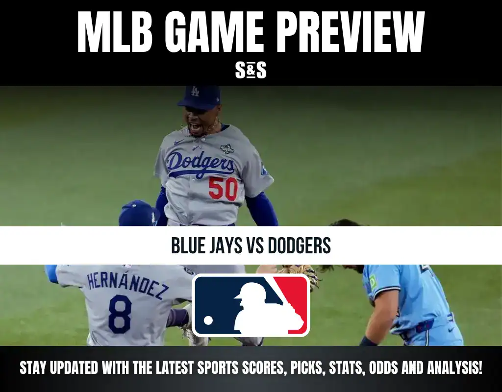 MLB game preview for Blue Jays vs Dodgers featuring players in action and official MLB logo with team names and update prompt.