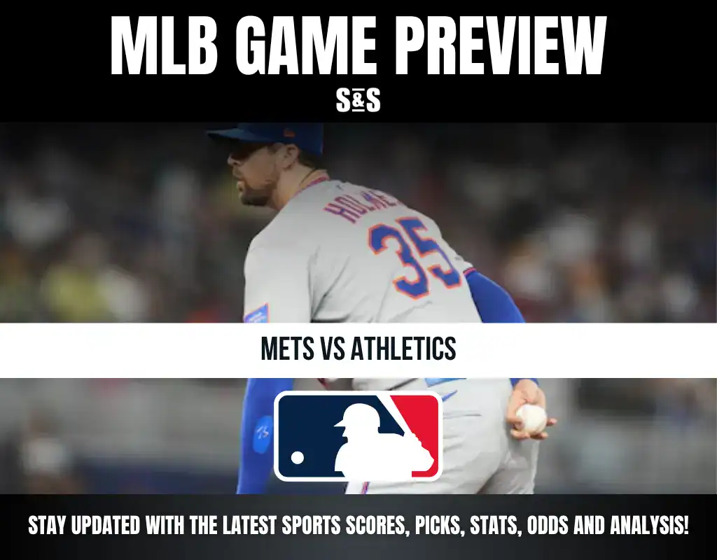 MLB Game Preview featuring Mets vs Athletics, with a promotional message to stay updated on sports scores, picks, stats, odds, and analysis.
