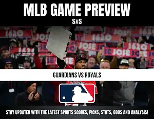 MLB game preview featuring Guardians vs Royals with a call to stay updated on sports scores, picks, stats, odds, and analysis.