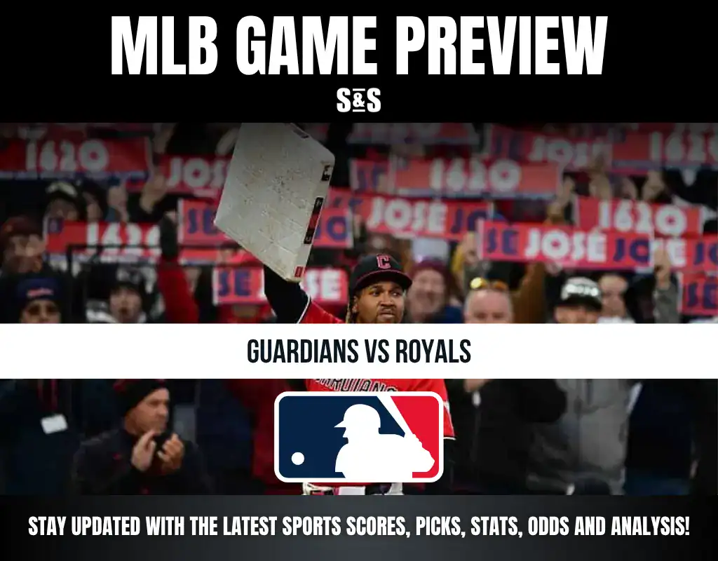 MLB game preview featuring Guardians vs Royals with a call to stay updated on sports scores, picks, stats, odds, and analysis.