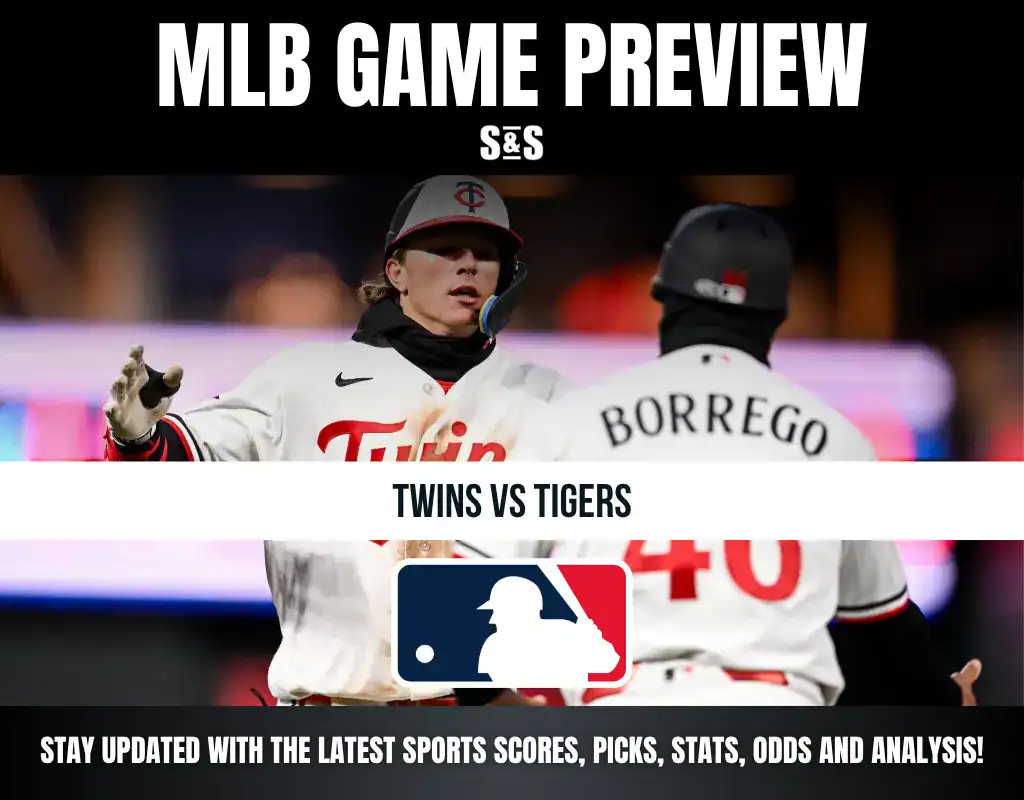 MLB game preview graphic featuring Minnesota Twins players celebrating, highlighting Twins vs Tigers matchup with MLB logo.