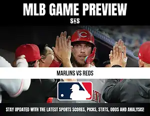 MLB game preview for the Marlins vs Reds featuring players in Reds uniforms giving high-fives in the dugout.
