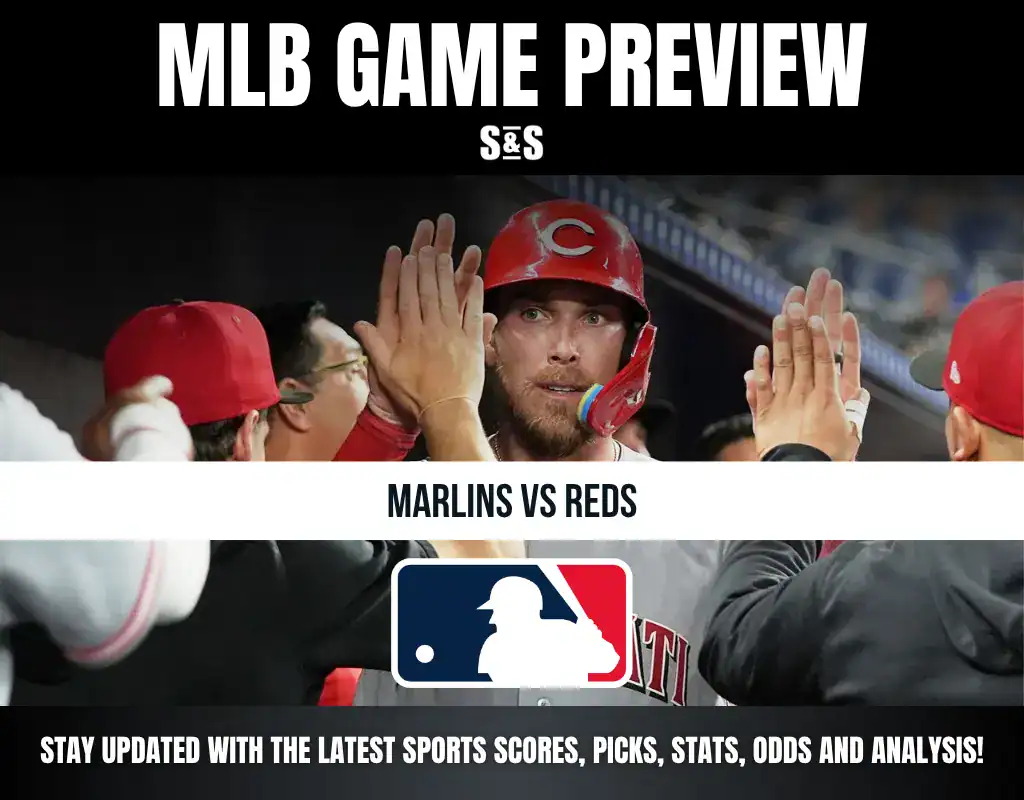 MLB game preview for the Marlins vs Reds featuring players in Reds uniforms giving high-fives in the dugout.
