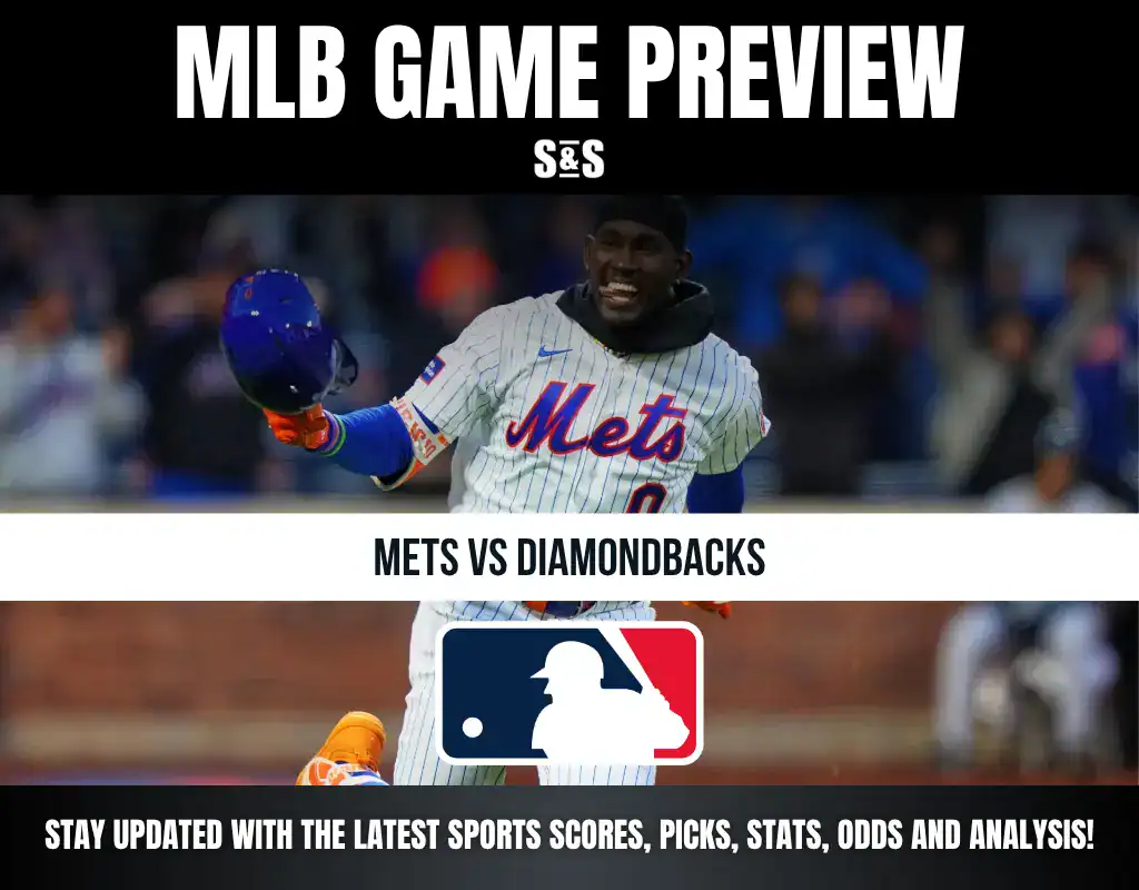 MLB game preview for Mets vs Diamondbacks featuring a Mets player celebrating, with MLB logo and sports update text.