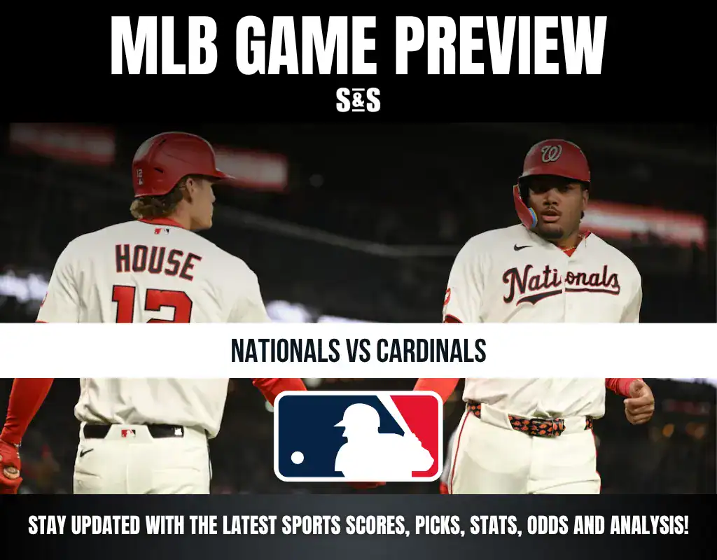 MLB Game Preview featuring Nationals vs Cardinals with players in focus and MLB logo.