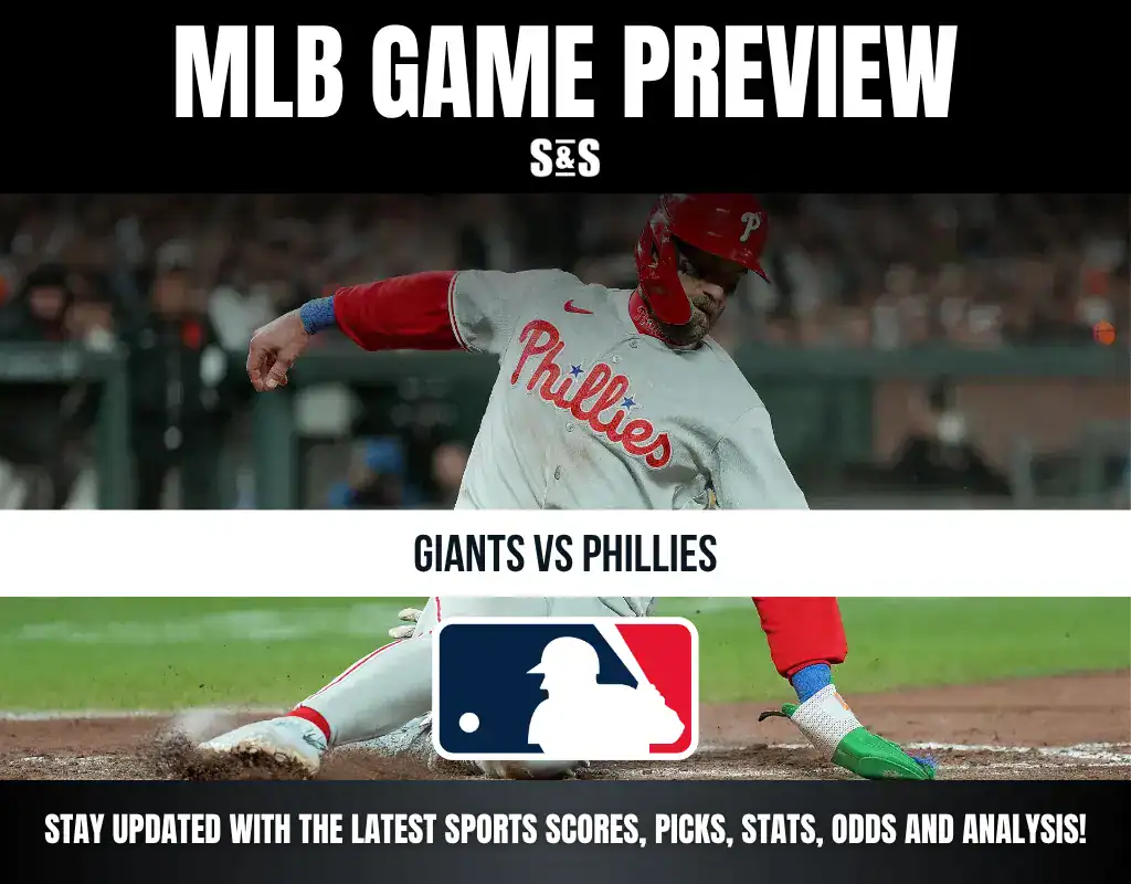 MLB Game Preview featuring a player from the Phillies sliding into a base, with text indicating the matchup between the Giants and Phillies.