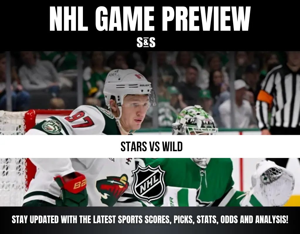 NHL game preview featuring a matchup between the Stars and the Wild, with a player in focus wearing a white jersey and another player in goal.