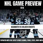 NHL Game Preview featuring Mammoth vs Golden Knights, displaying players celebrating with a caption to stay updated with the latest sports scores, picks, stats, odds, and analysis.
