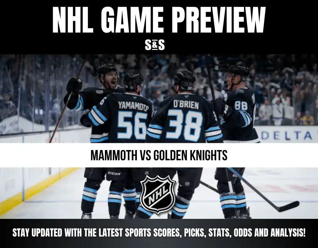 NHL Game Preview featuring Mammoth vs Golden Knights, displaying players celebrating with a caption to stay updated with the latest sports scores, picks, stats, odds, and analysis.