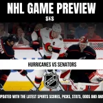 NHL Game Preview featuring a matchup between the Hurricanes and Senators, with players on the ice and branding for sports updates.