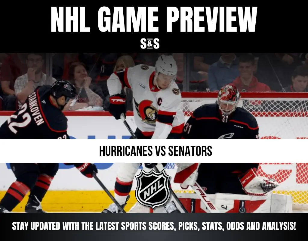 NHL Game Preview featuring a matchup between the Hurricanes and Senators, with players on the ice and branding for sports updates.