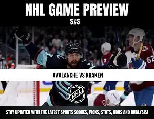 NHL Game Preview featuring Avalanche vs Kraken, with a player celebrating a goal in the background and information about staying updated on sports scores and analysis.