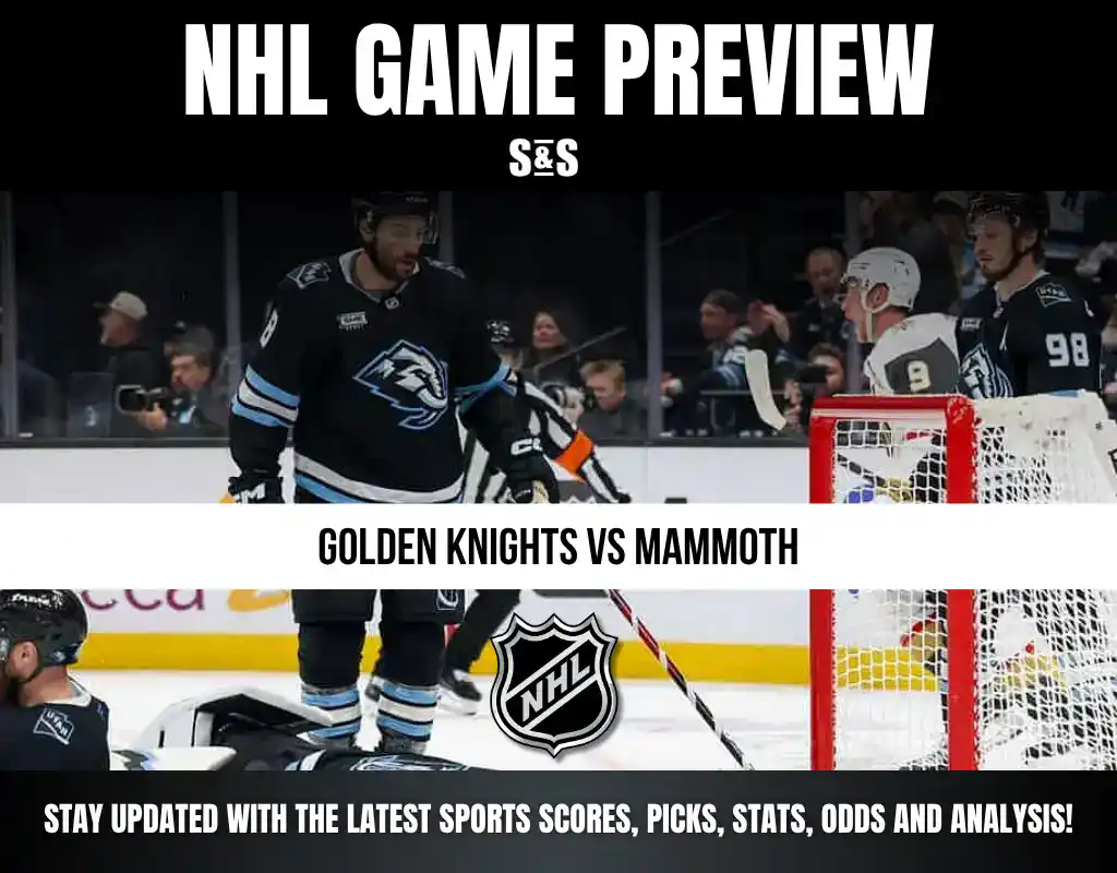 NHL Game Preview with the text "Golden Knights vs Mammoth," featuring a hockey game scene.