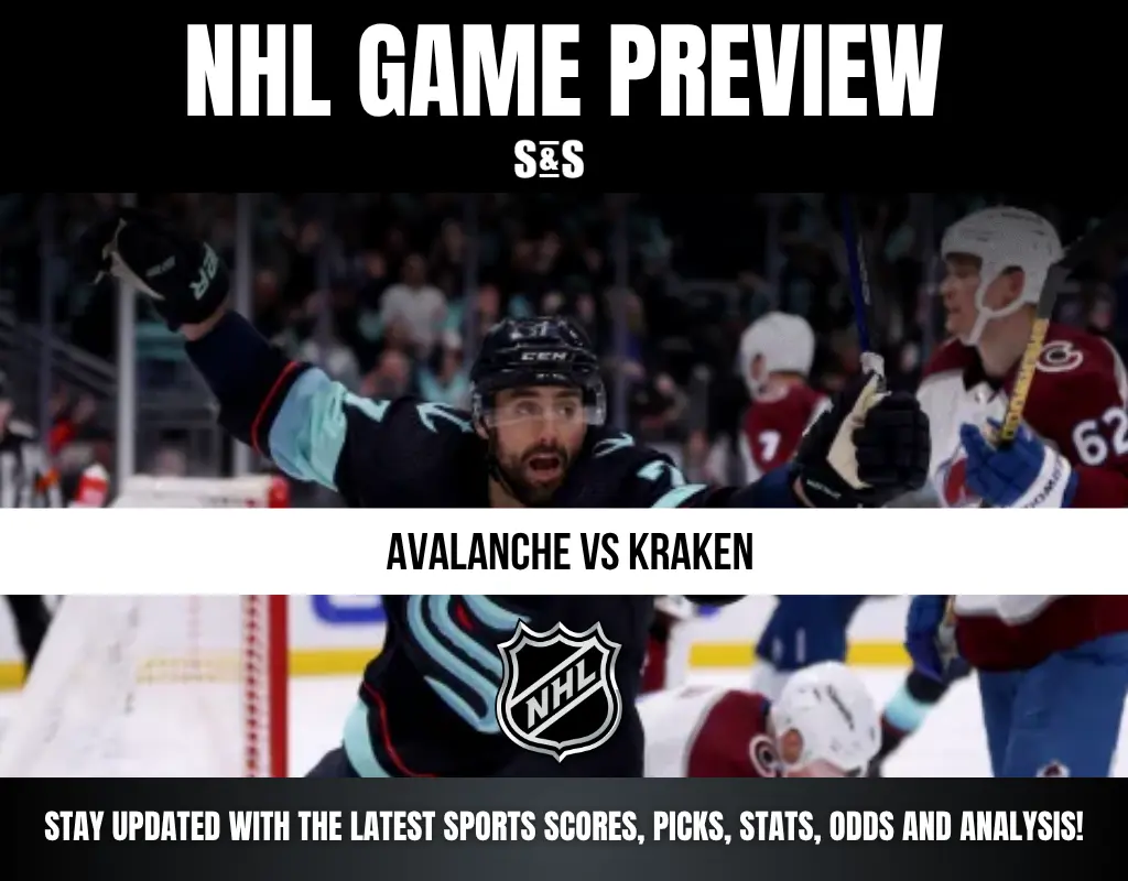 NHL Game Preview featuring Avalanche vs Kraken, with a player celebrating a goal in the background and information about staying updated on sports scores and analysis.