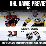 NHL game preview featuring a matchup between the Flyers and Penguins, with players in action on the ice.