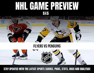 NHL game preview featuring a matchup between the Flyers and Penguins, with players in action on the ice.