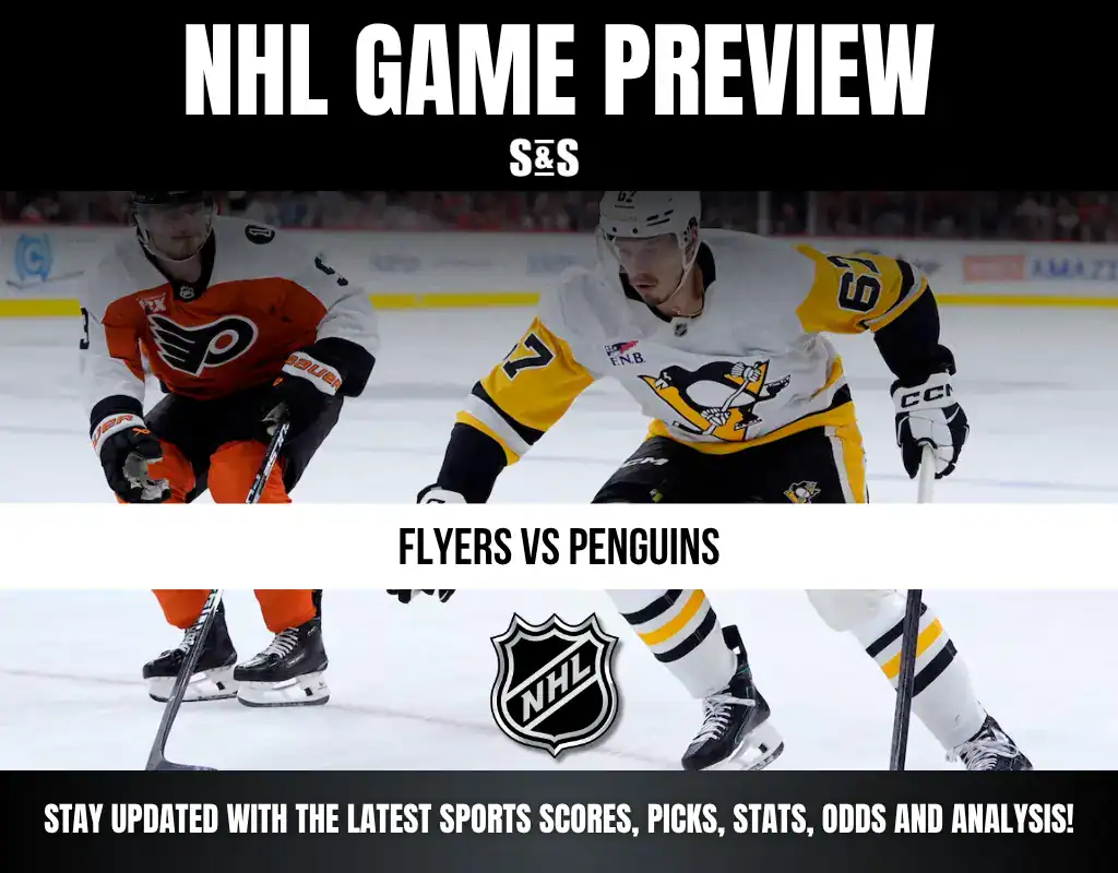 NHL game preview featuring a matchup between the Flyers and Penguins, with players in action on the ice.