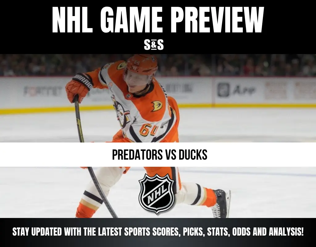 NHL Game Preview with a player from the Ducks in action, featuring the matchup between Predators and Ducks.