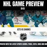 NHL Game Preview featuring the Jets vs Sharks, with images of players in teal uniforms and a logo in the center.