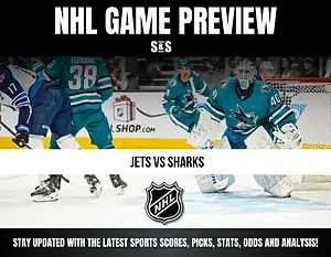 NHL Game Preview featuring the Jets vs Sharks, with images of players in teal uniforms and a logo in the center.