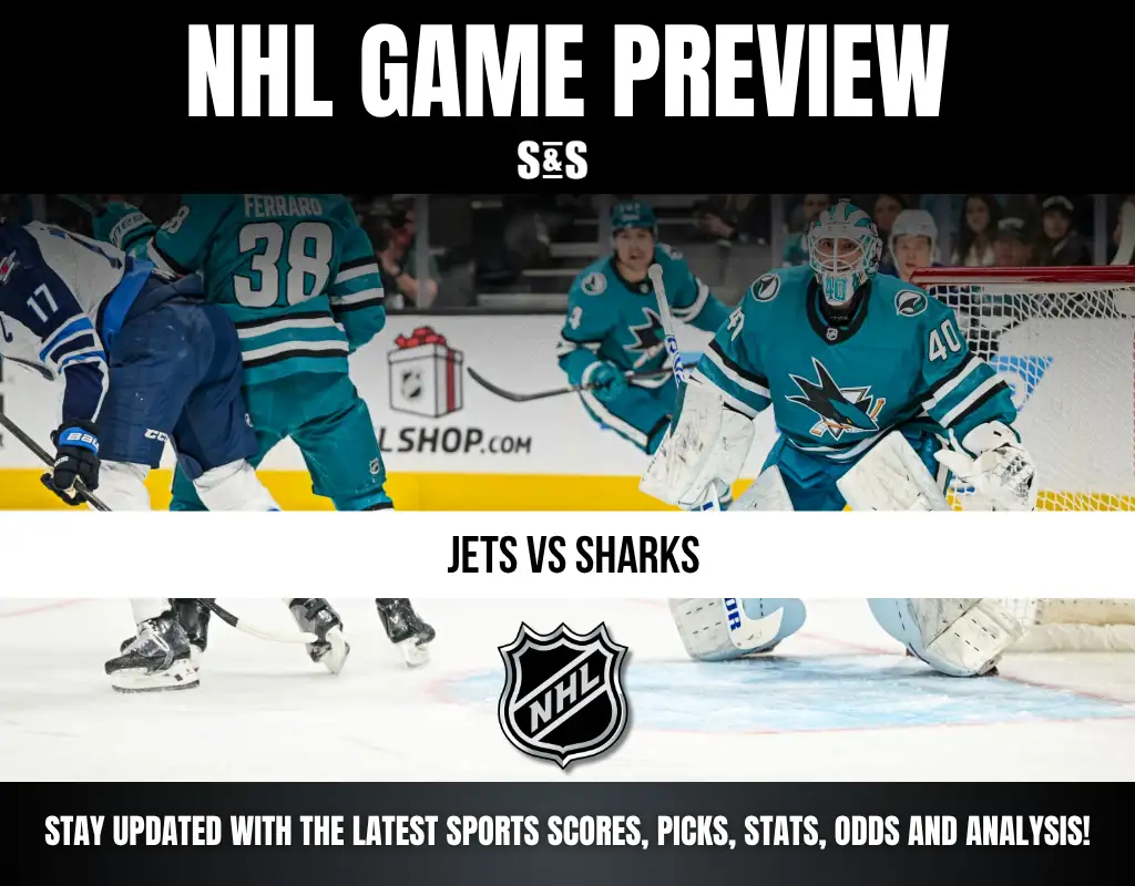 NHL Game Preview featuring the Jets vs Sharks, with images of players in teal uniforms and a logo in the center.