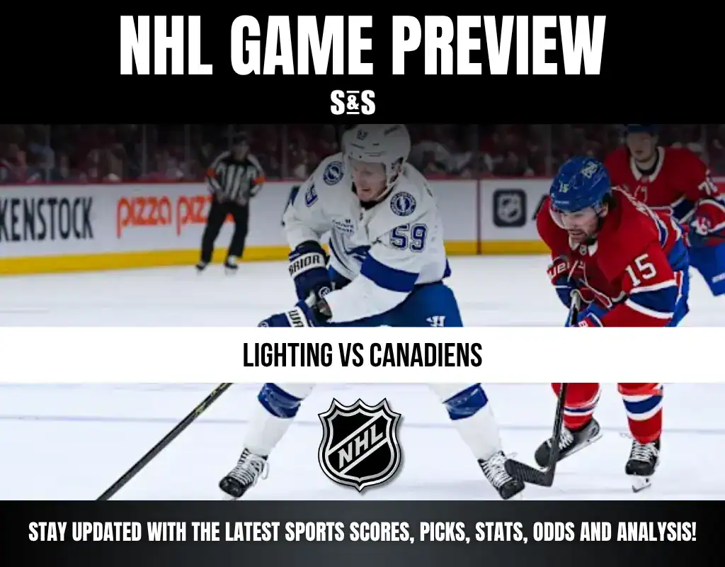 NHL Game Preview featuring the matchup between Lightning and Canadiens, with a highlighted focus on staying updated with sports scores, picks, stats, odds, and analysis.