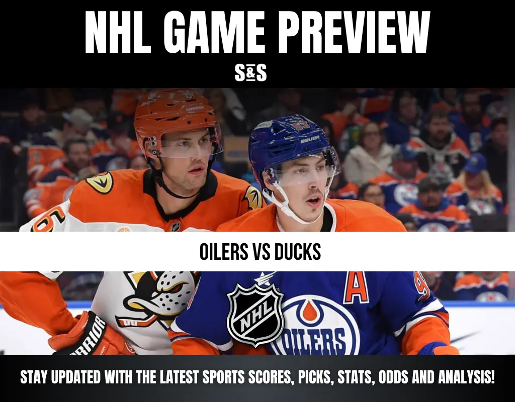 NHL Game Preview with players from the Oilers and Ducks teams, featuring logos and text for updates on sports scores and analysis.