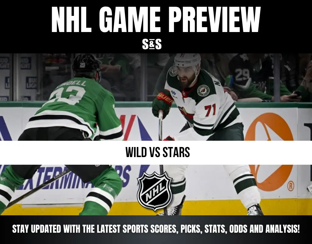 NHL Game Preview graphic featuring a matchup between the Wild and the Stars, with an image of two players on the ice.