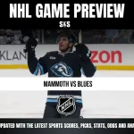 NHL Game Preview featuring Mammoth vs Blues with a player celebrating in the background.