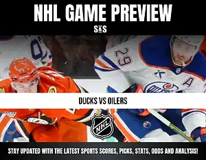 NHL Game Preview featuring Ducks vs Oilers, with a call to stay updated on the latest sports scores, picks, stats, odds, and analysis.