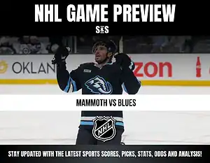 NHL Game Preview featuring Mammoth vs Blues with a player celebrating in the background.