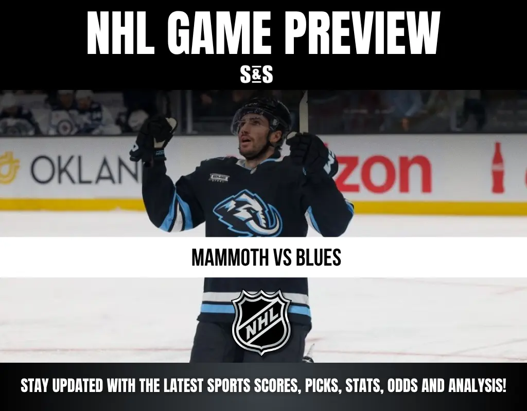 NHL Game Preview featuring Mammoth vs Blues with a player celebrating in the background.