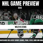 NHL Game Preview graphic featuring the matchup Wild vs Stars, with a player in action on the ice.