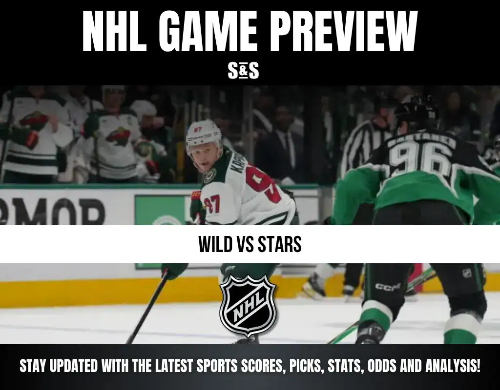 NHL Game Preview graphic featuring the matchup Wild vs Stars, with a player in action on the ice.
