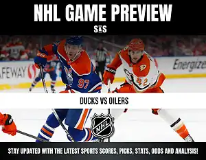 NHL game preview graphic featuring Ducks vs Oilers with players in action on ice and NHL logo in center.