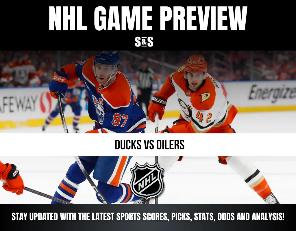 NHL game preview graphic featuring Ducks vs Oilers with players in action on ice and NHL logo in center.