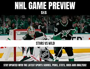 NHL Game Preview featuring a matchup between the Stars and Wild, with a goalie's image in the background and text promoting sports updates.
