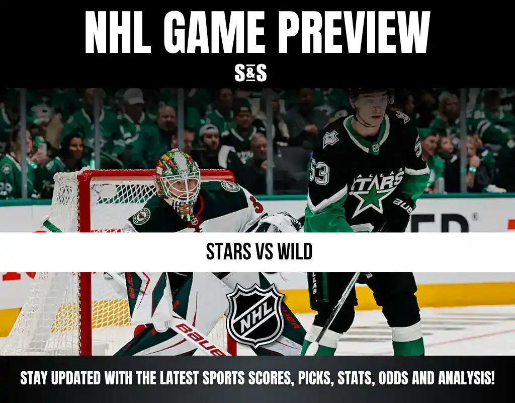NHL Game Preview featuring a matchup between the Stars and Wild, with a goalie's image in the background and text promoting sports updates.
