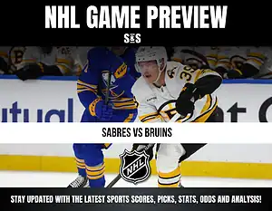 NHL Game Preview featuring Sabres vs Bruins with a player from the Bruins in action.