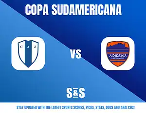 Copa Sudamericana logo with two team logos: one representing CAJ and the other Academia Puerto Cabello, with a "vs" in between.