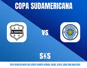 Copa Sudamericana logo featuring A.F. D. Riestra vs Montevideo City Torque, with a blue background and text for updates on sports scores, picks, stats, odds, and analysis.