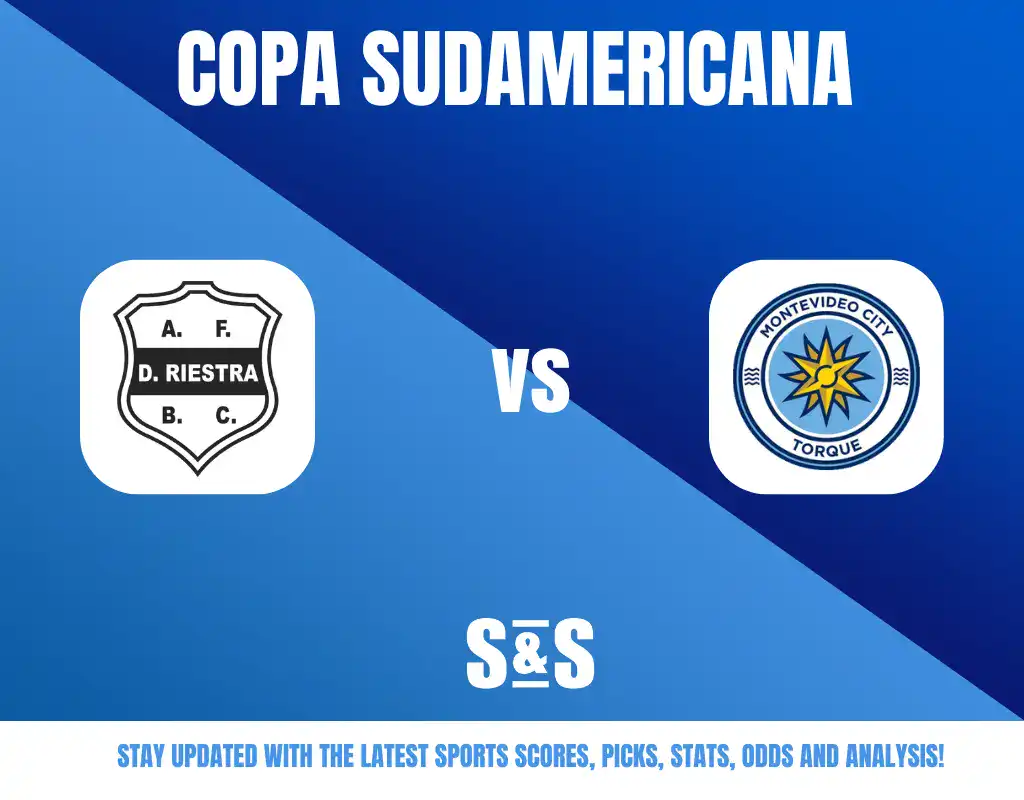 Copa Sudamericana logo featuring A.F. D. Riestra vs Montevideo City Torque, with a blue background and text for updates on sports scores, picks, stats, odds, and analysis.