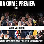 NBA GAME PREVIEW featuring Lakers vs Thunder, with a note to stay updated with the latest sports scores, picks, stats, odds and analysis.