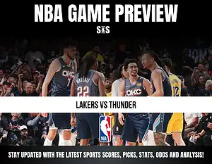NBA GAME PREVIEW featuring Lakers vs Thunder, with a note to stay updated with the latest sports scores, picks, stats, odds and analysis.