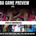 NBA GAME PREVIEW with a focus on the matchup between Spurs and Timberwolves, featuring visuals of basketball players and promotional text for updates on sports scores, picks, stats, odds, and analysis.