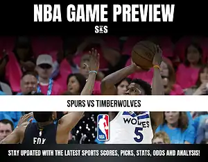 NBA GAME PREVIEW with a focus on the matchup between Spurs and Timberwolves, featuring visuals of basketball players and promotional text for updates on sports scores, picks, stats, odds, and analysis.